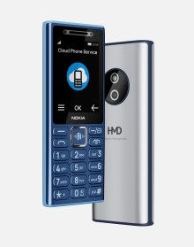 Blue Nokia feature phone with keypad and HMD logo.