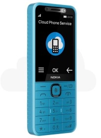 Blue Nokia feature phone with cloud service interface.