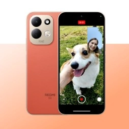 Redmi 17 5G and 4G phones with dog selfie.