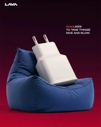 Lava white charger plug on blue bean bag