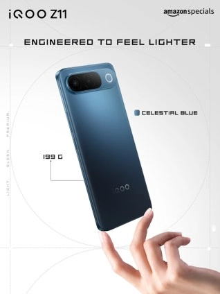 Indian iQOO Z11 Celestial Blue 199g lightweight.