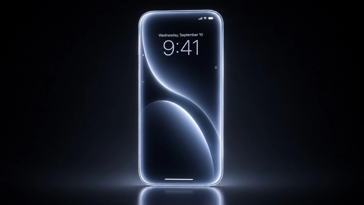 Conceptual all-glass iPhone with abstract lighting.