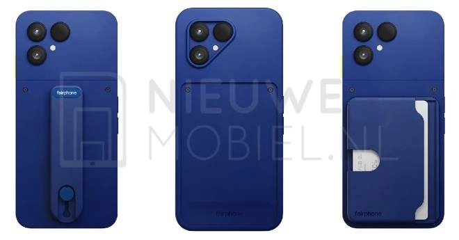 Blue Fairphone 6+ with grip and card holder.