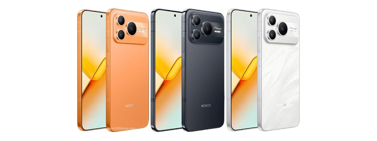 Honor phones in orange, black, and white colors.