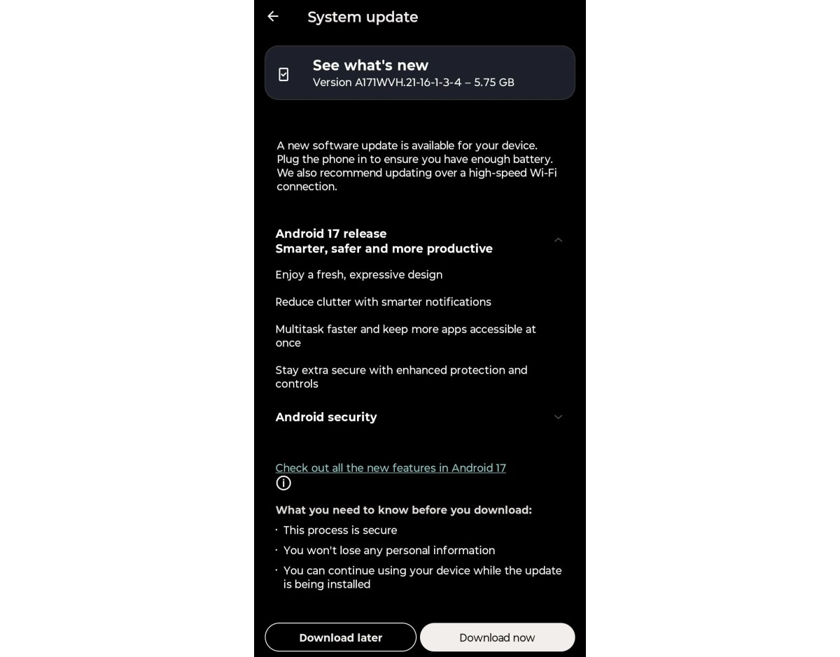Motorola Android 17 system update details.