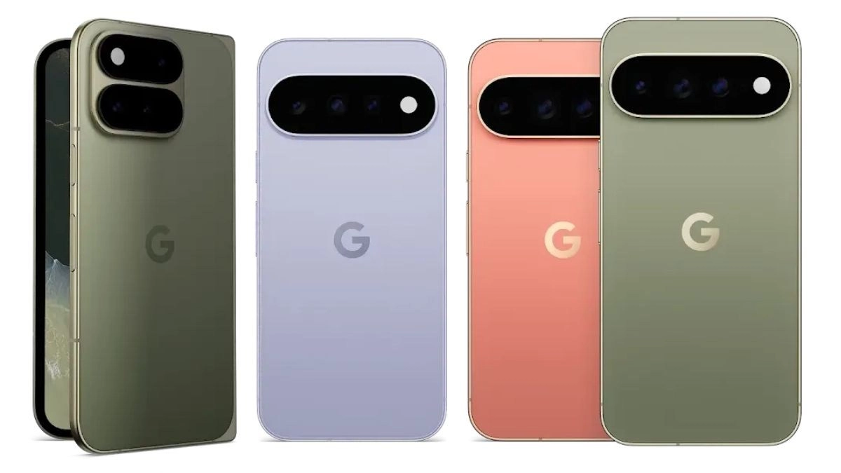 Pixel 11 lineup phones in different colors.