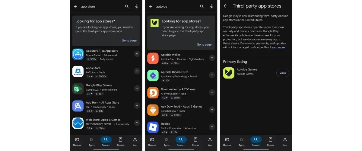 Google Play third-party app stores list and info.