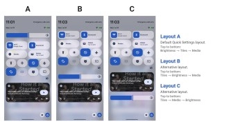 Android 17 customization showing three Quick Settings layouts.