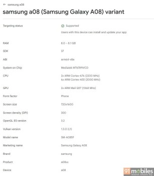 Samsung Galaxy A08 variant specs on Play Console