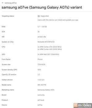 Samsung Galaxy A07s Google Play Console specs