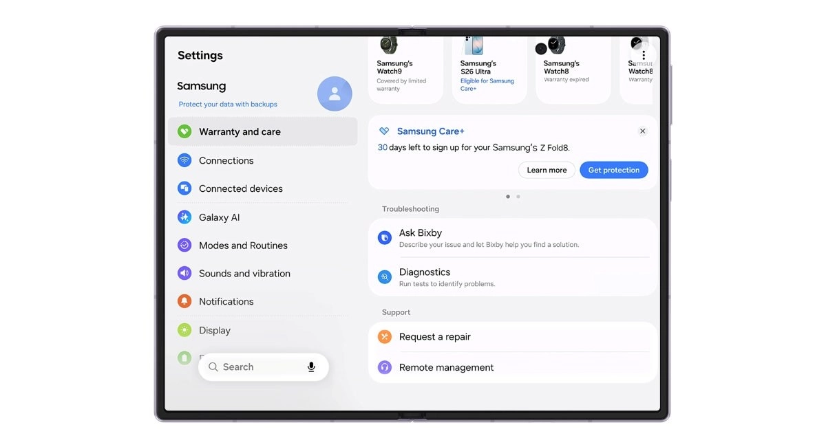 Samsung One UI 9 Warranty and Care menu screenshot