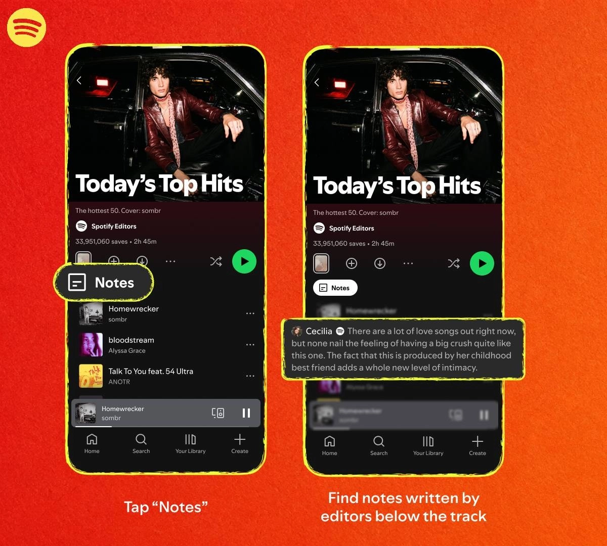 Spotify app displays editor-curated playlist notes feature.