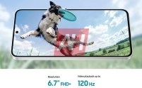 Galaxy S26 FE with dog playing frisbee.