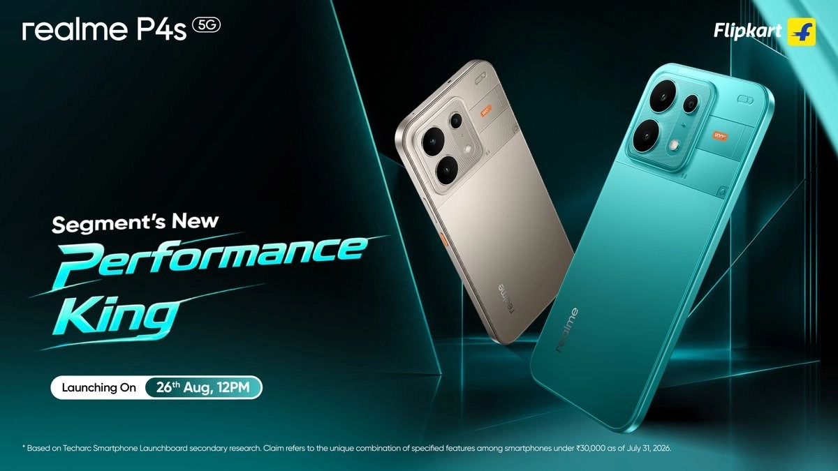 Realme P4s 5G smartphones in gold and teal