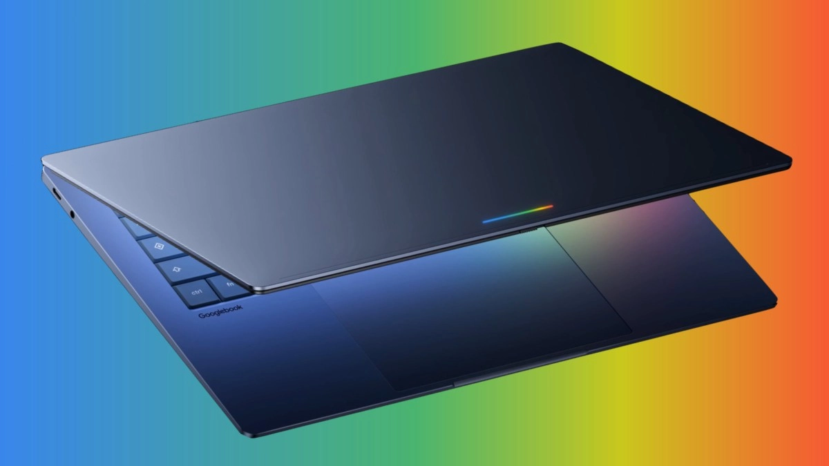 New Googlebook laptop with rainbow accent logo.