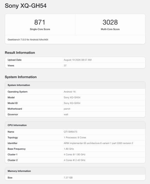Sony Xperia 10 VIII Geekbench 7 benchmark scores.
