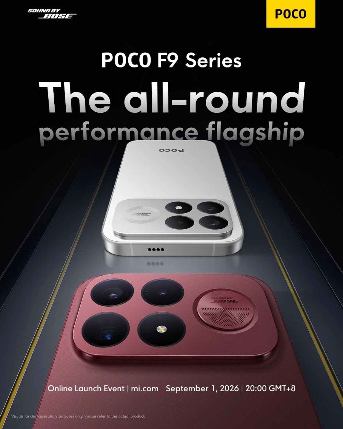 Poco F9 series phones in white and red.