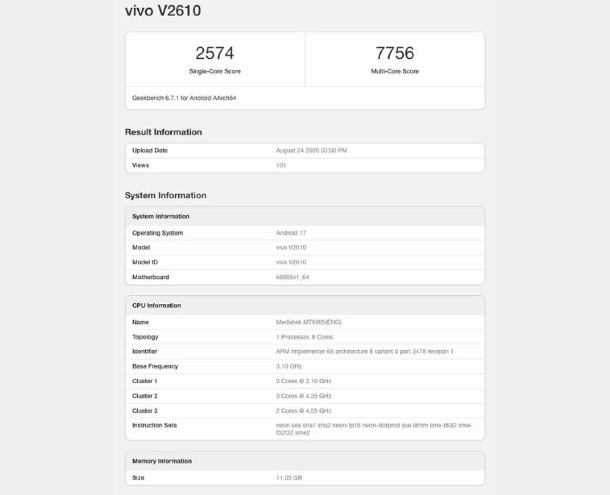 vivo V2610 Geekbench score and specifications.
