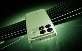 Poco F9 Pro and Ultra phone on green background.