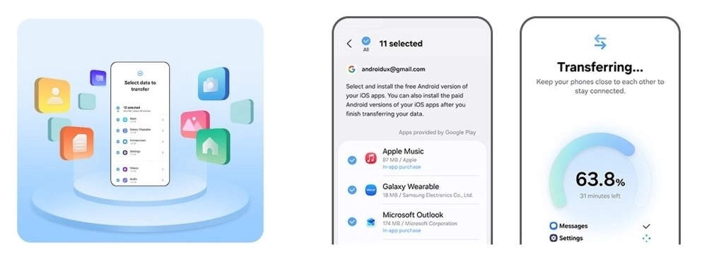 Samsung Smart Switch app data transfer screens.