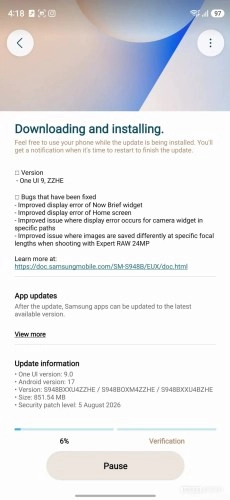 One UI 9 update details with bugs fixed and size.