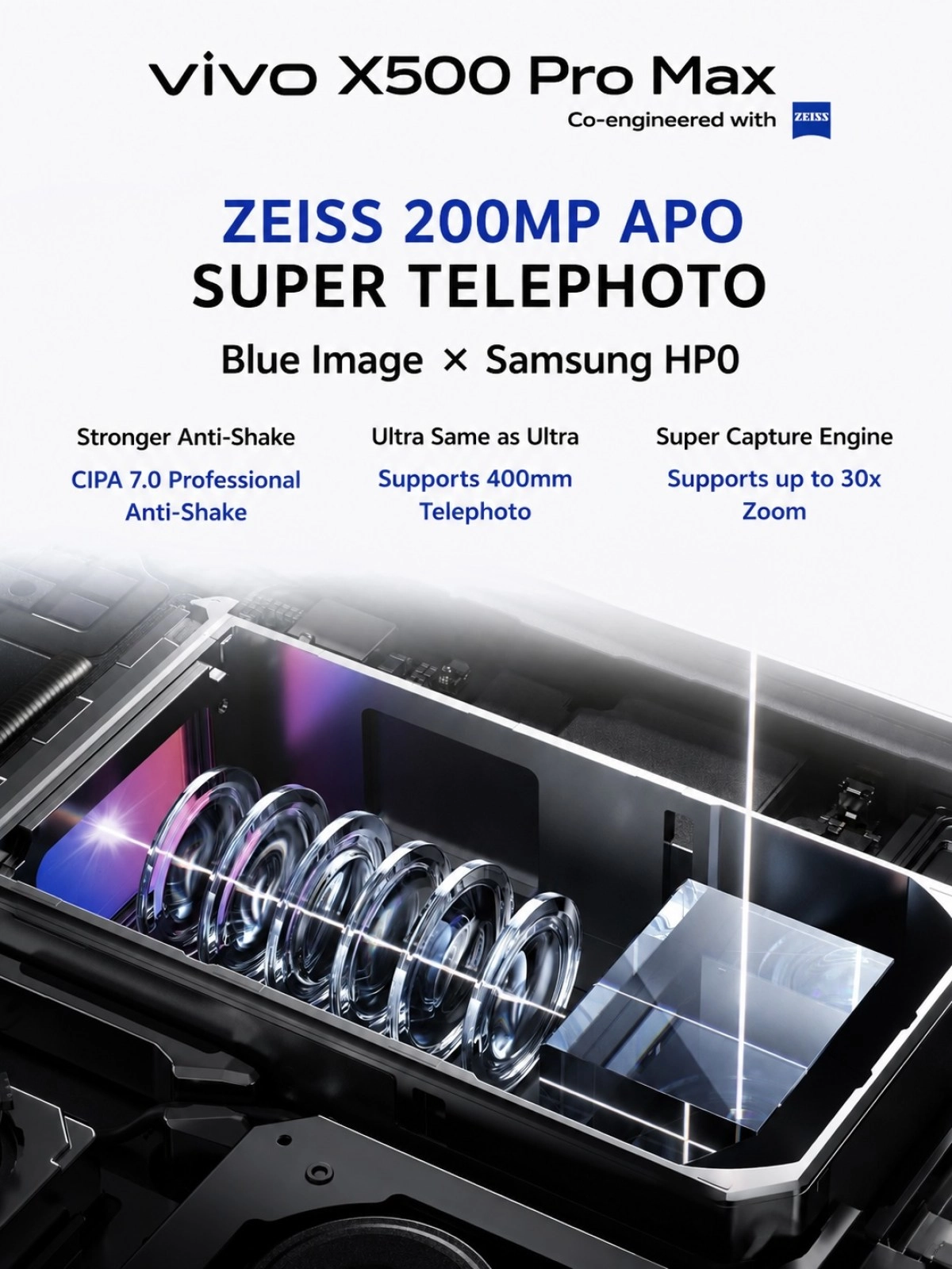 vivo X500 Pro Max ZEISS 200MP telephoto camera.