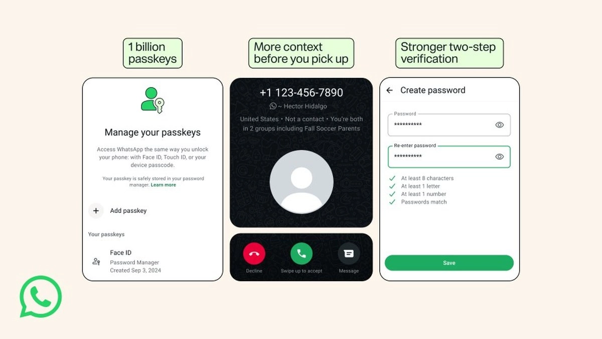 WhatsApp passkeys, call info, and verification updates.
