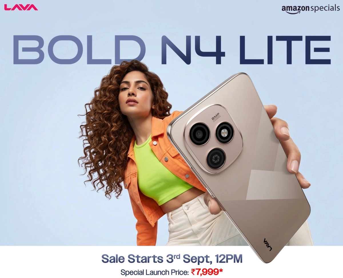 Lava Bold N4 Lite phone with woman and camera.