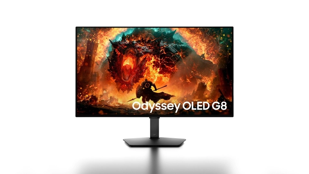 Samsung Odyssey OLED G8 gaming monitor with dragon artwork.