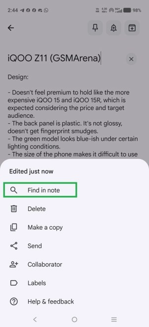Google Keep Find in note search feature.