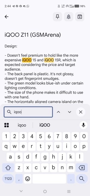 Google Keep 'Find in note' search on Android.