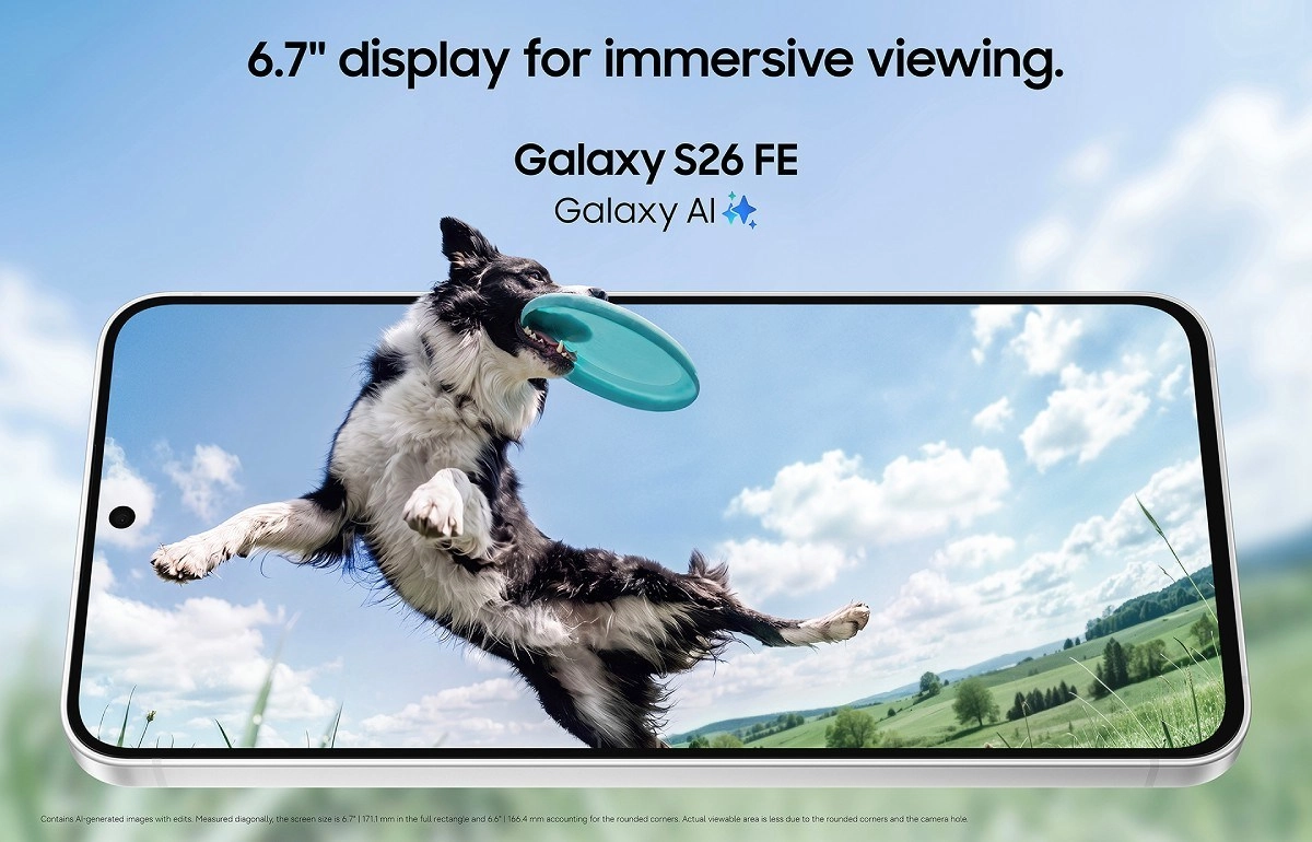 Galaxy S26 FE 6.7" immersive display with dog.