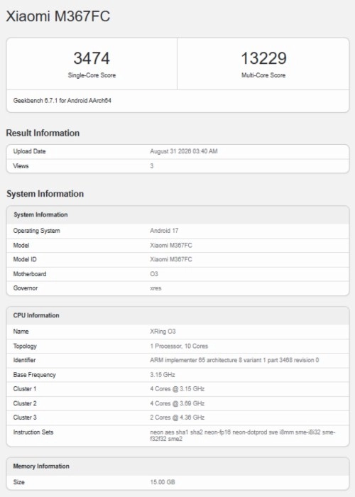 Xiaomi M367FC Geekbench scores and system information.