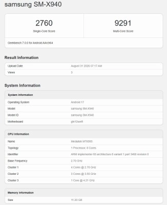 Samsung Galaxy Tab S12 Ultra Geekbench 7 Mediatek scores.