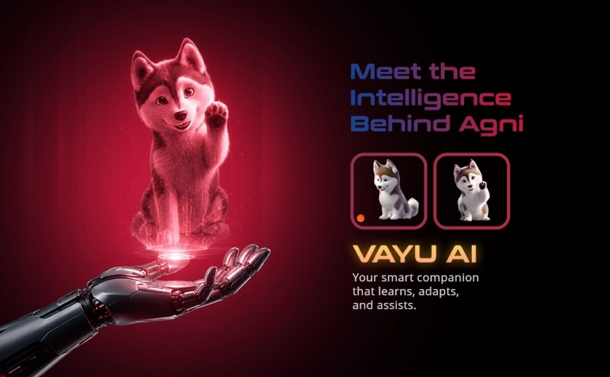Vayu AI husky mascot and robotic hand.