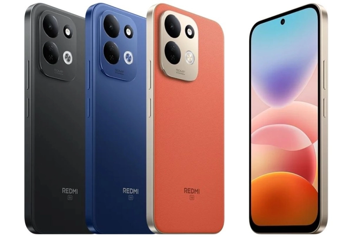 Redmi 17 5G phones in three colors with camera detail.