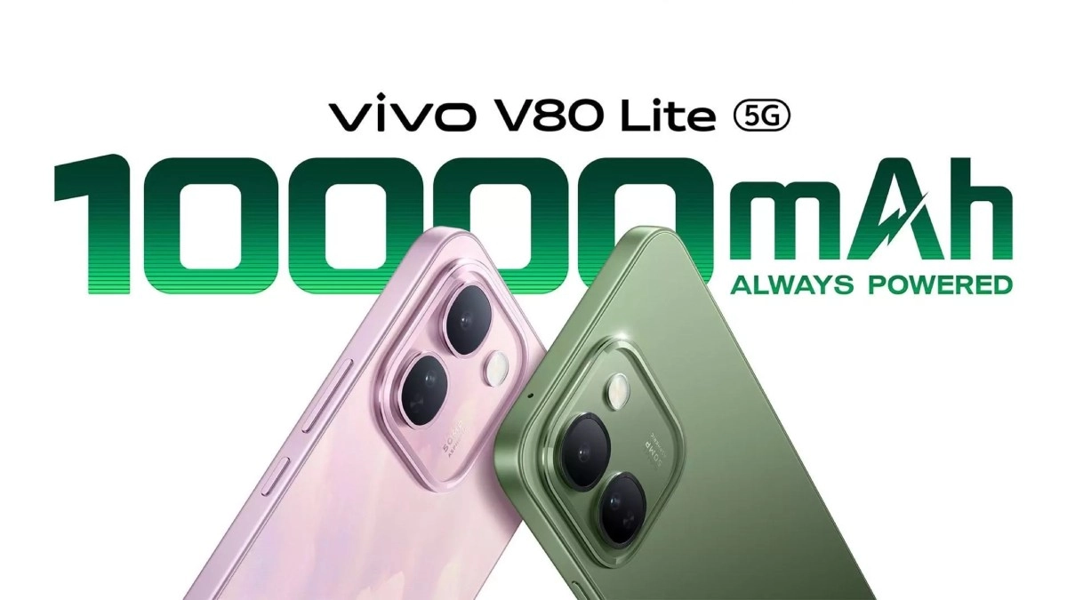 Pink and green vivo V80 Lite 10,000mAh phones.
