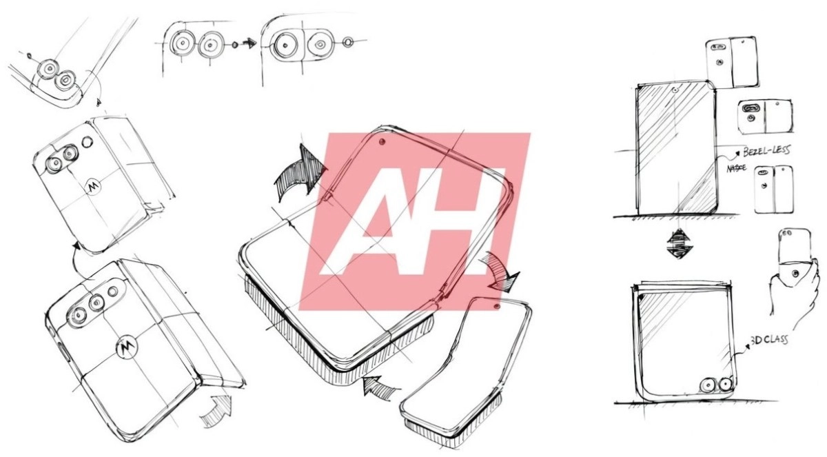 Motorola foldable phone design sketches showing camera and hinge.