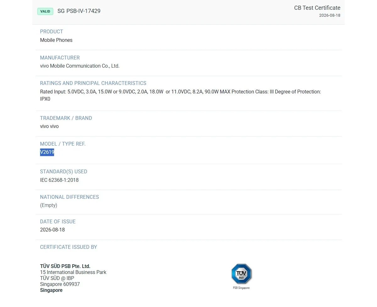 vivo V2619 CB Test Certificate 90W charging.