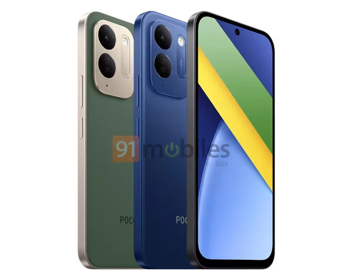 Poco C95 Pro green and blue phones render
