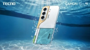 Tecno Camon Slim 5G phone underwater with unique finish.