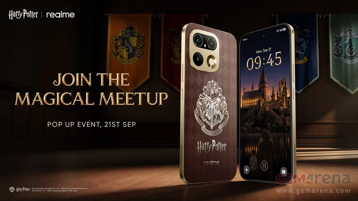 Realme 16 Pro Harry Potter phone, Hogwarts crest.