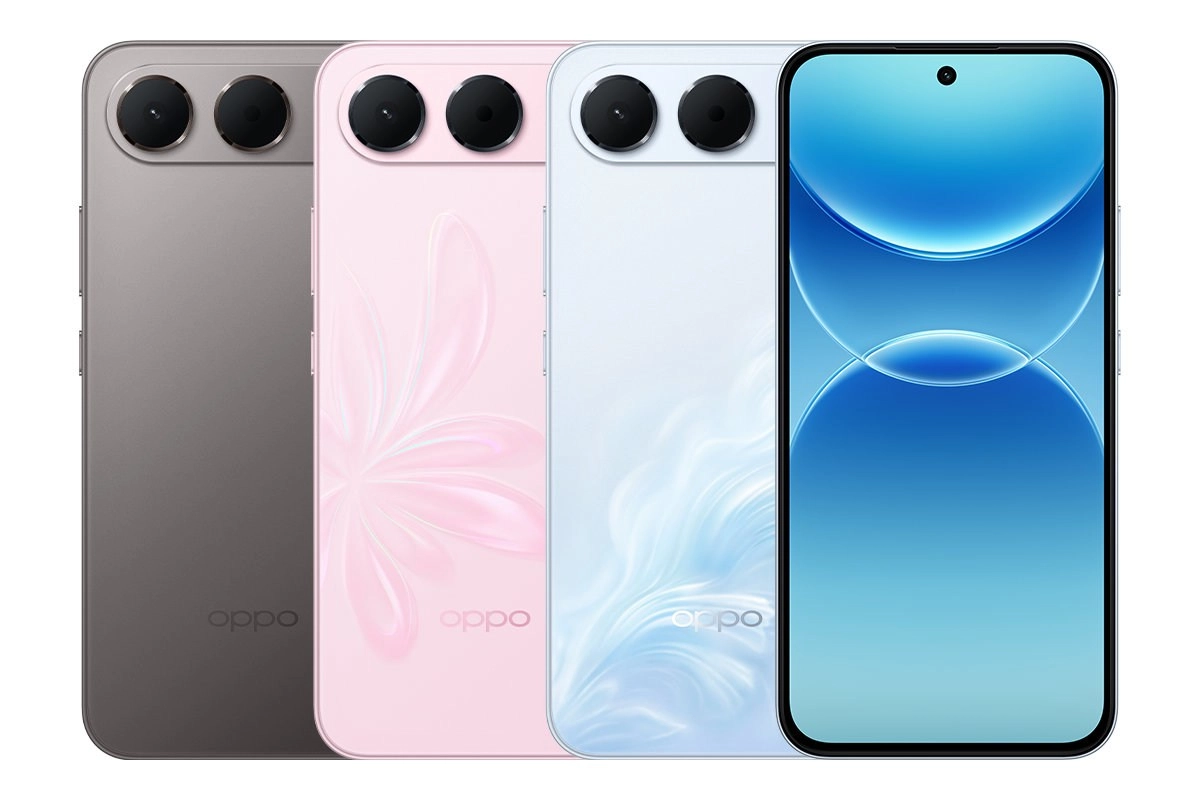 Oppo A7 Pro phones in grey, pink, and blue.