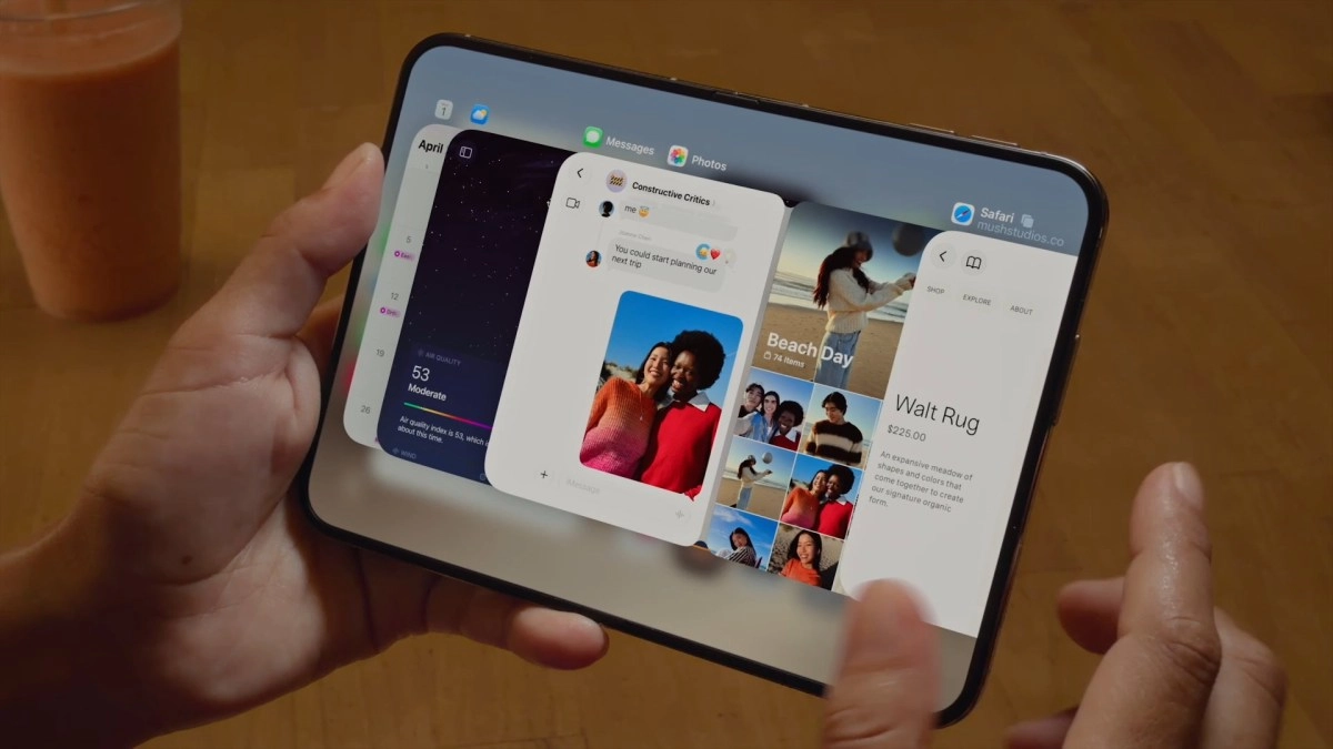 Foldable iPhone Duo showing multiple iOS apps open.