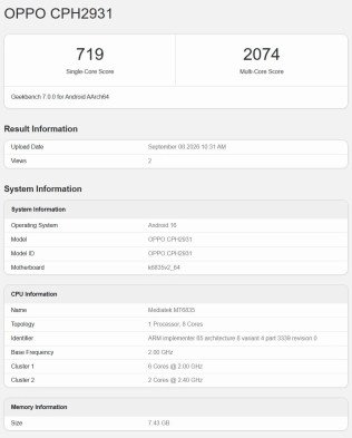 Oppo CPH2931 Geekbench scores and specifications.
