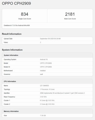 Oppo A7 Pro (CPH2909) Geekbench benchmark scores.