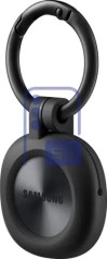 Leaked black Samsung Galaxy SmartTag3 with attached carabiner.