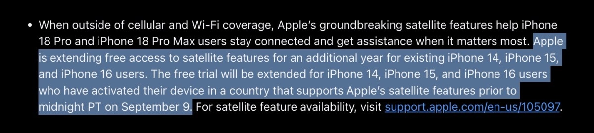 Apple extends free satellite features for iPhone 14-16 users.