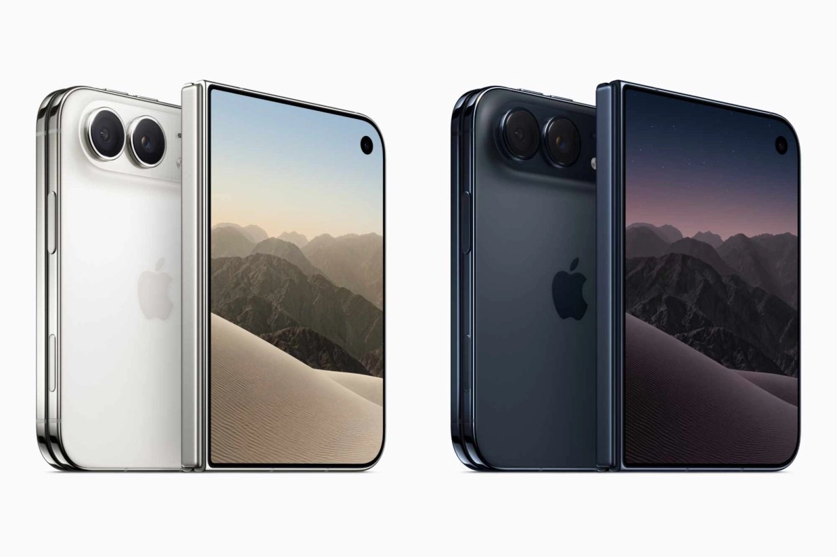 Two foldable iPhones, white and black, with landscape screens.