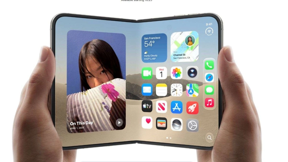 Foldable iPhone with iOS app icons displayed.